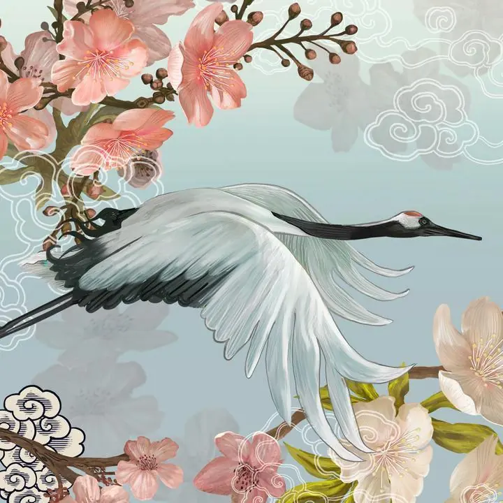 Japanese Crane Bird- Sakura, Aesthetic Art, Animal & Birds, Animal & Birds B