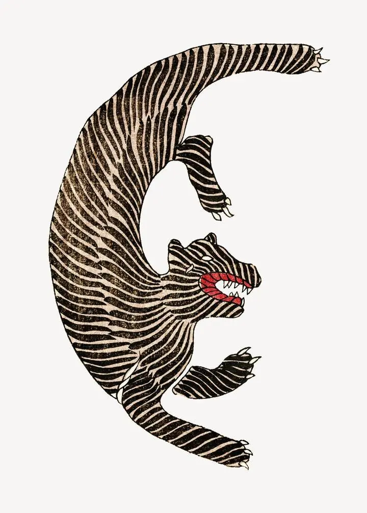 Japanese Tigers Vintage Illustration, Aesthetic Art, Animal & Birds, Animal & Birds B