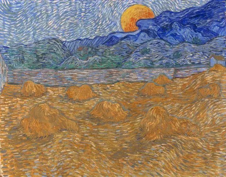 Landscape With Wheat Sheaves And Rising Moon, Paintings, Van Gogh