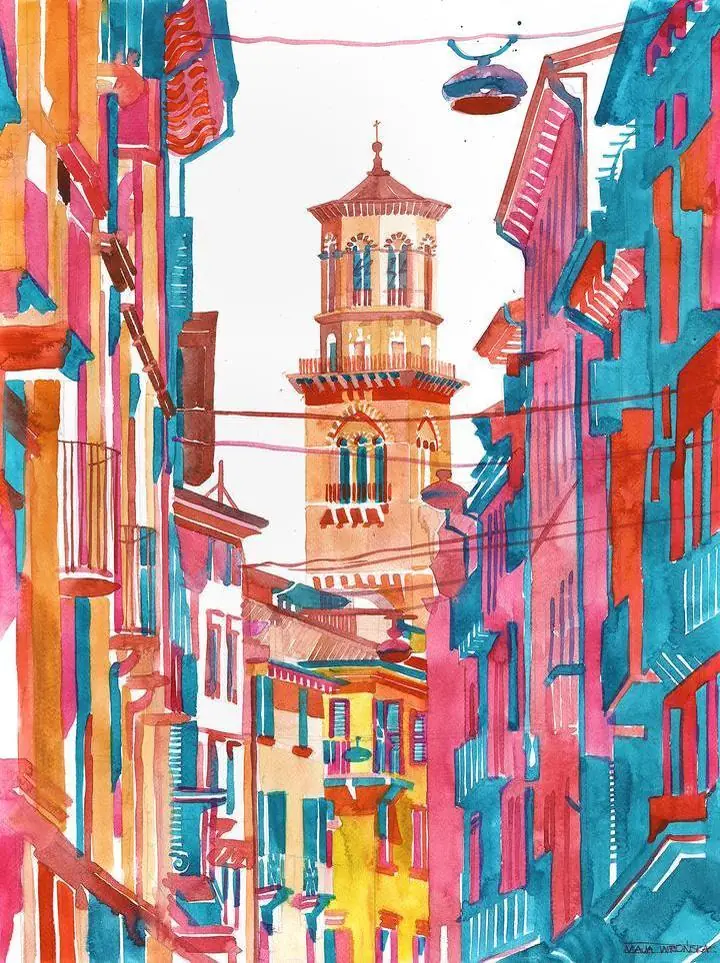 Maja Wronska City Buildings, Wall Art, Water Color Art, Water Color Art A