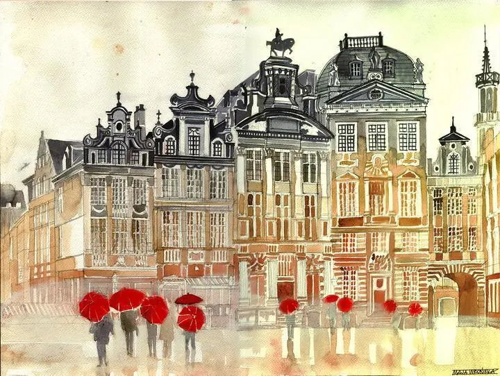 Maja Wronska City Street, Wall Art, Water Color Art, Water Color Art A