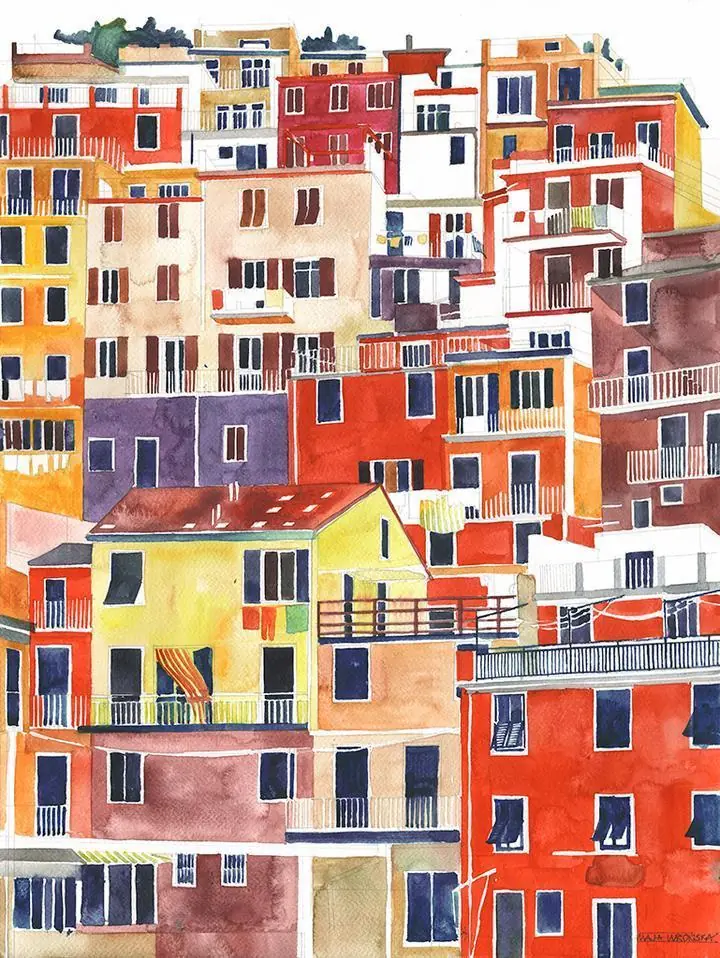 Maja Wronska Colorful City Buildings, Wall Art, Water Color Art, Water Color Art A