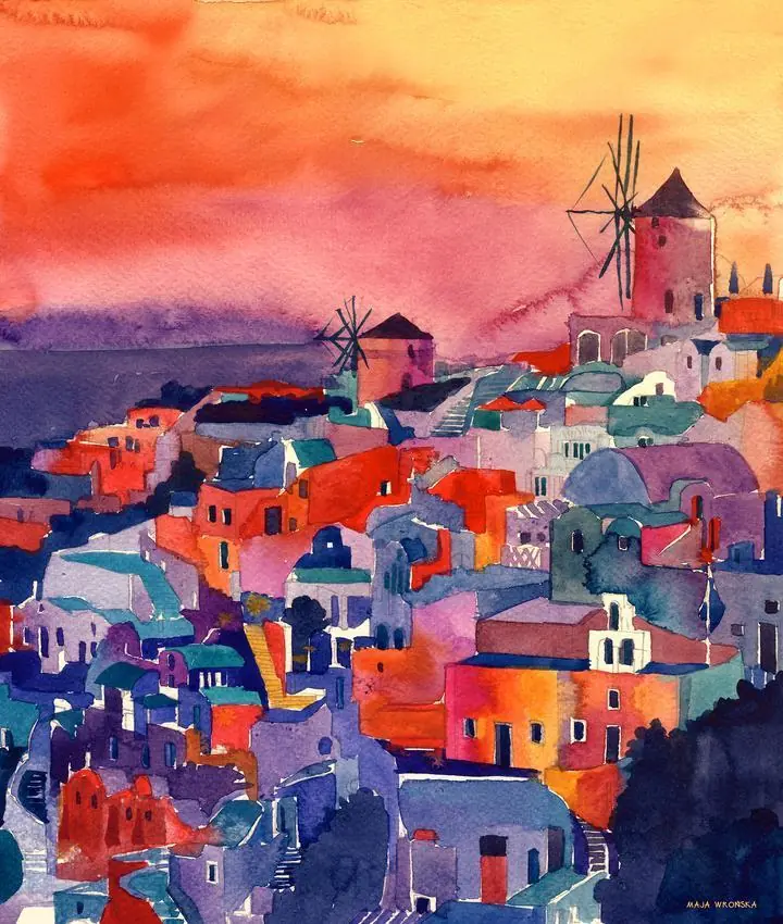 Maja Wronska Santorini Houses, Wall Art, Water Color Art, Water Color Art A