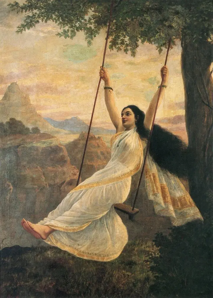 Mohini On A Swing, Paintings, Raja Ravi Verma