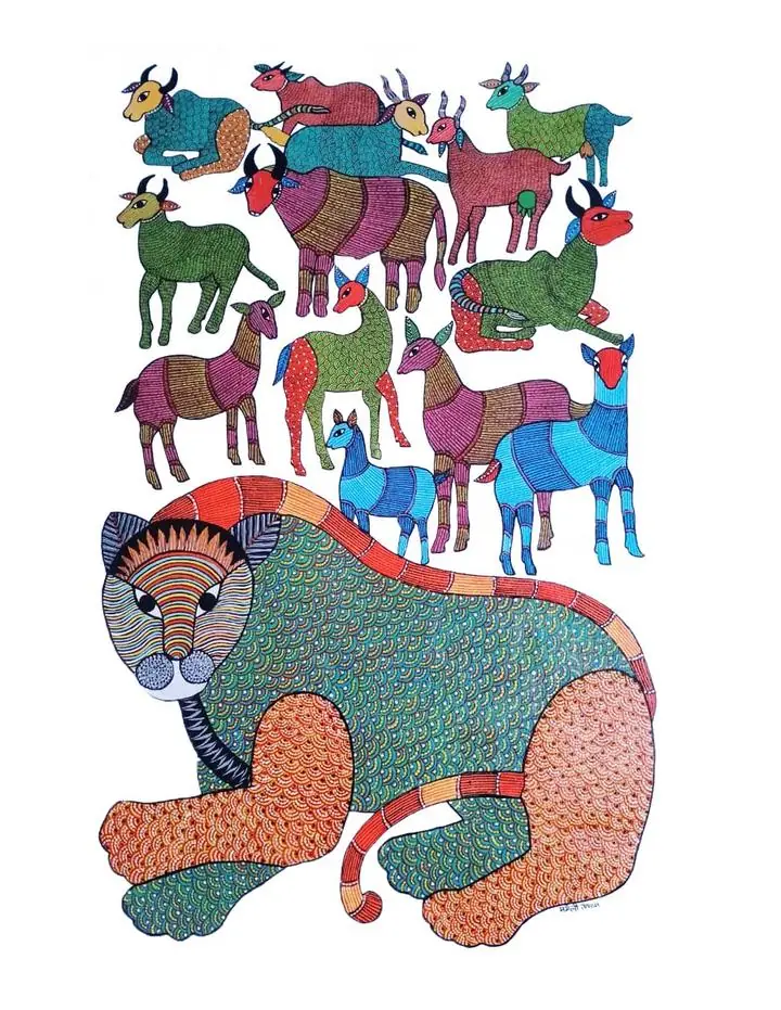 Multicolored Animal Goat, Indian Art, Gond Art