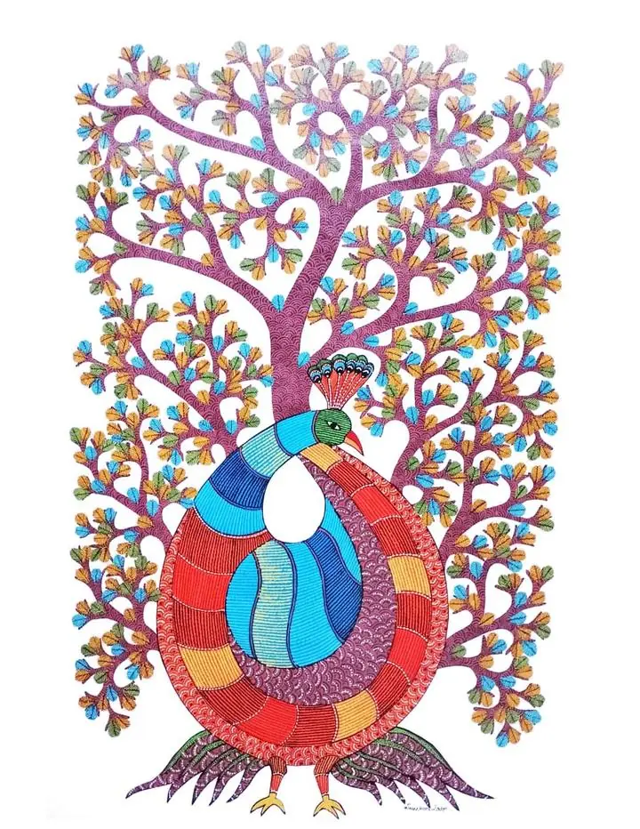 Multicolored Bird Tree, Indian Art, Gond Art
