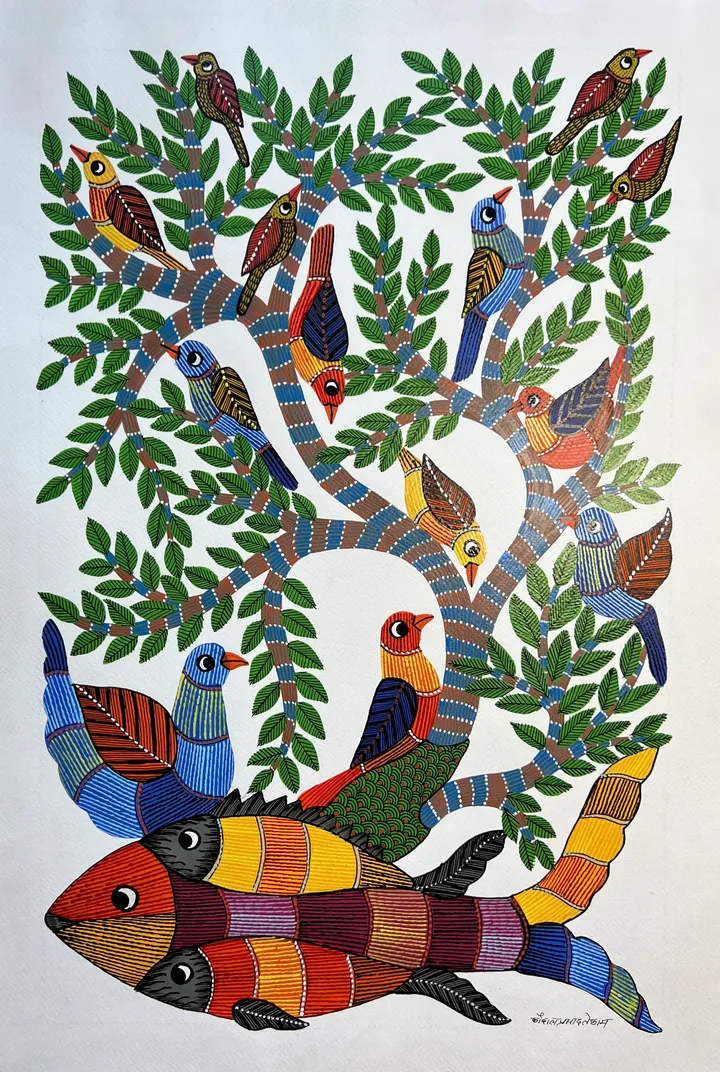 Multicolored Fish And Birds Tree, Indian Art, Gond Art