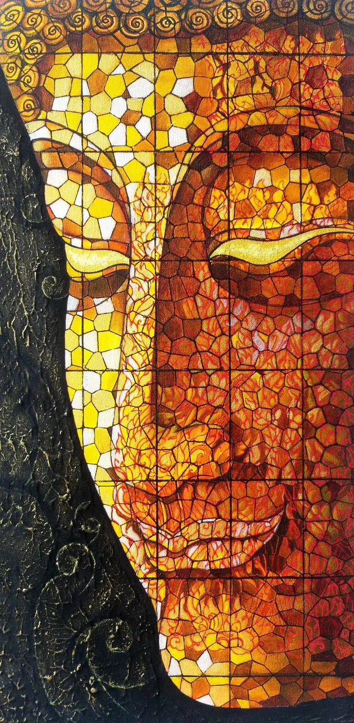 Orange Buddha Face Mosaic, Religious, Buddha