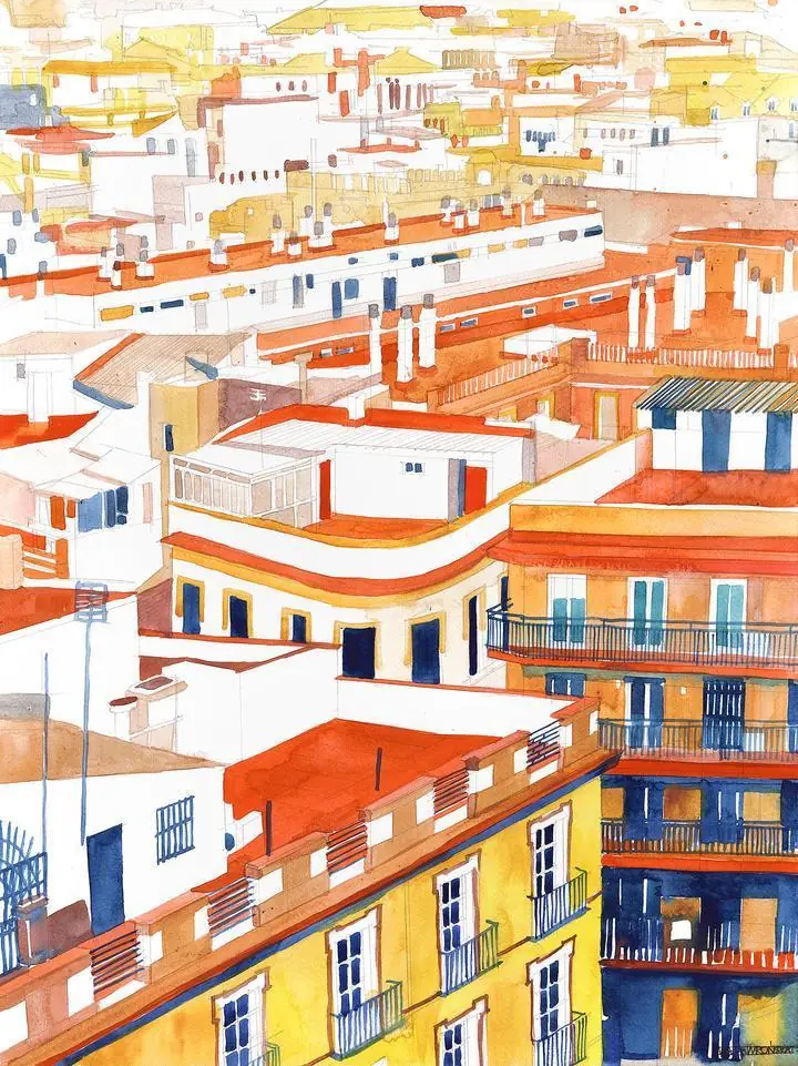 Orange City Buildings, Wall Art, Water Color Art, Water Color Art A