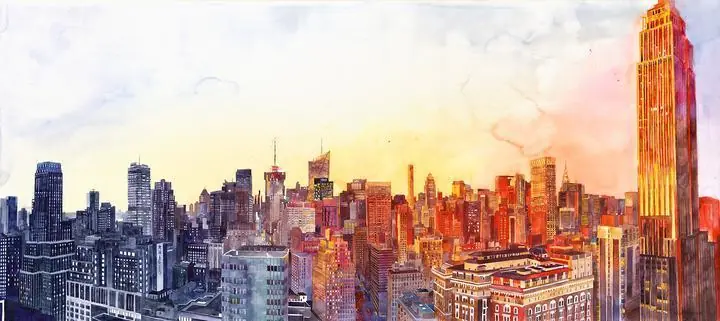 Orange City Skyline Buildings, Wall Art, Water Color Art, Water Color Art A