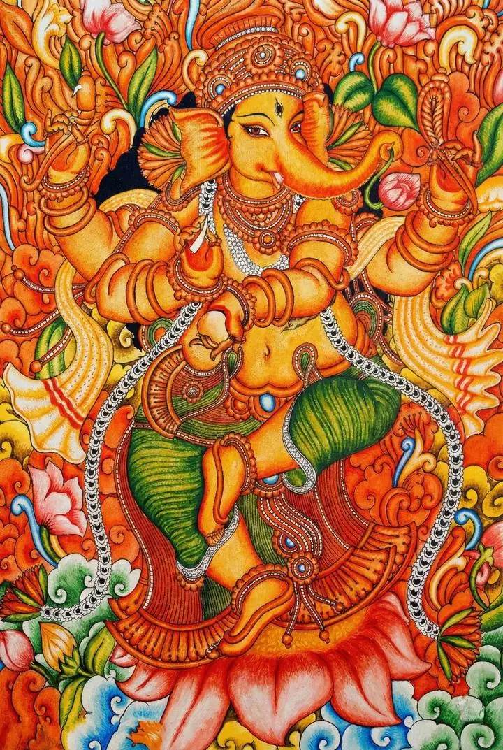 Orange Hindu God Ganesha, Indian Art, Kerala Mural