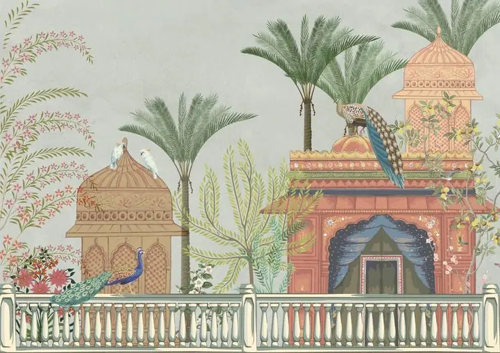 Orange Temple With Peacocks, Indian Art, Pichwai, Pichwai Landscape