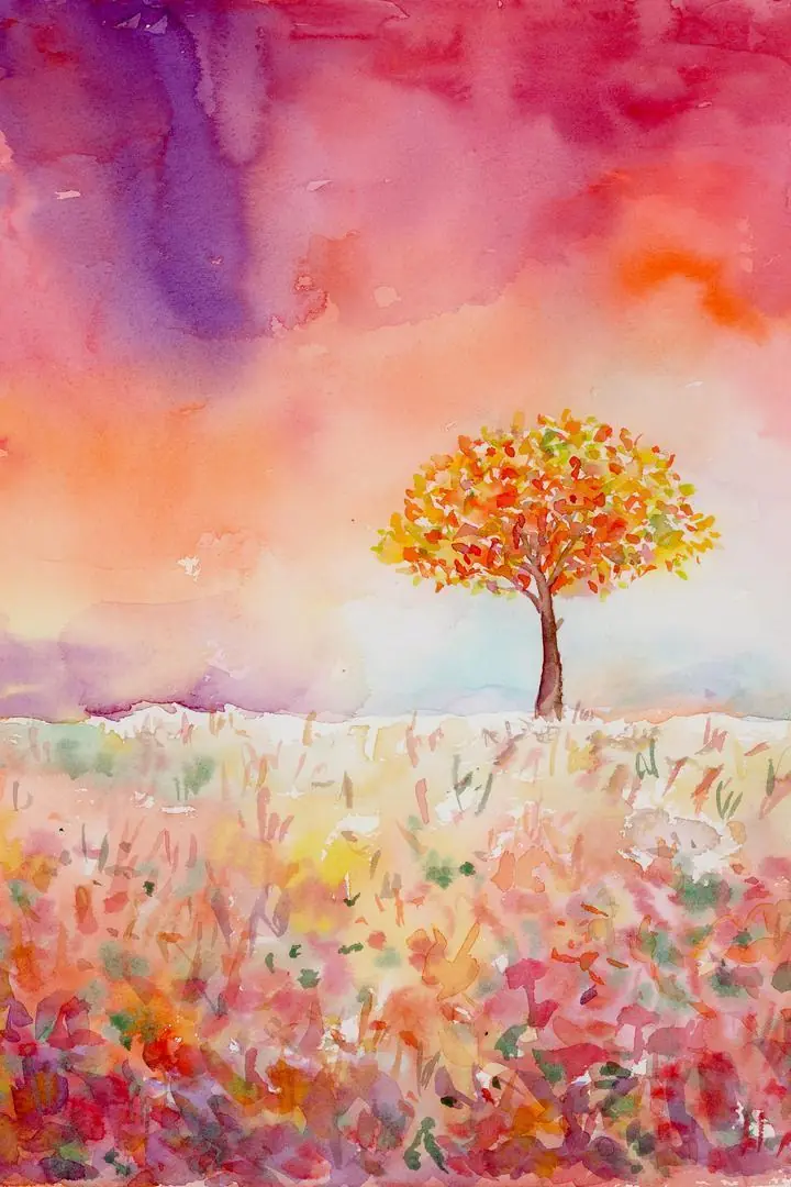 Orange Tree Field, Wall Art, Water Color Art, Water Color Art A