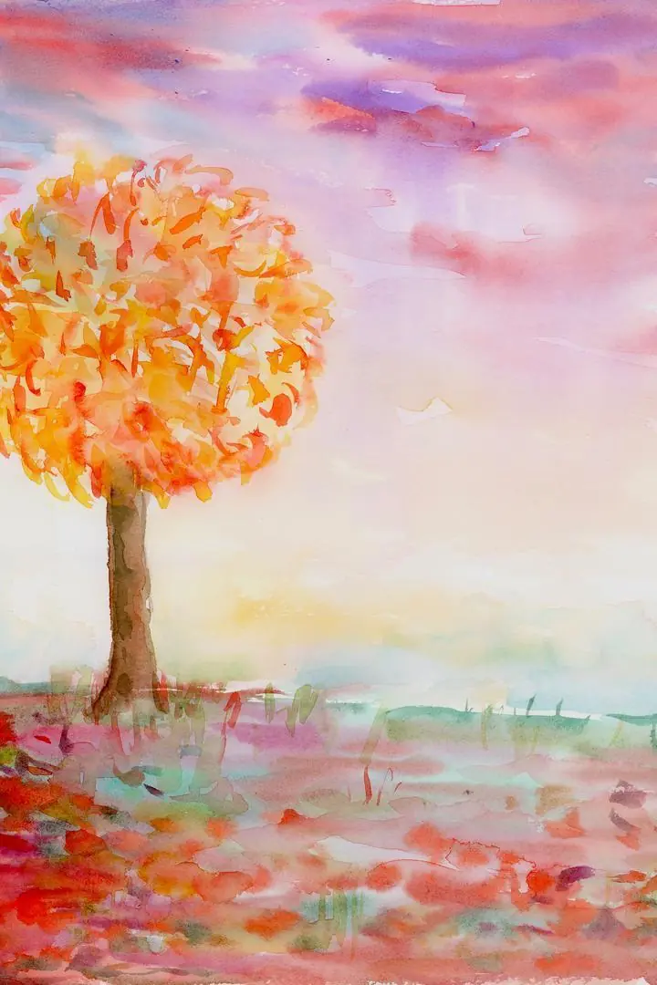Orange Tree Landscape, Wall Art, Water Color Art, Water Color Art A