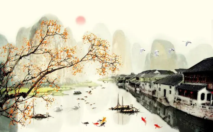 Orange Tree White Swans Black Boat