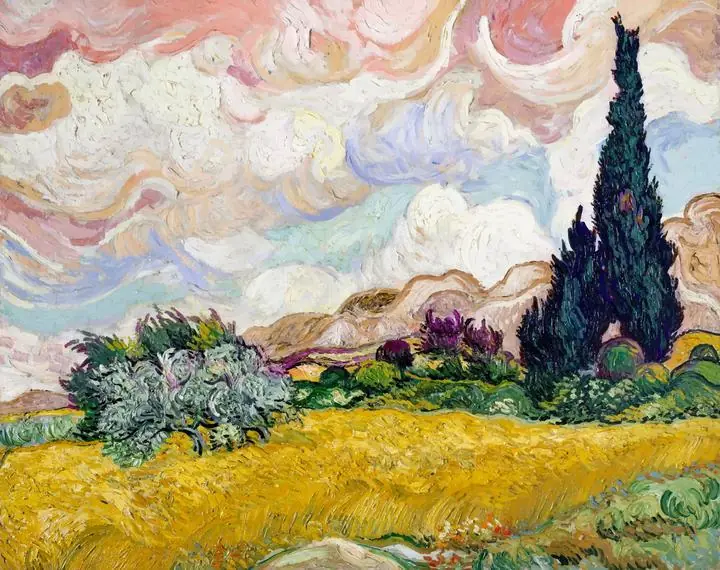 Pastel Wheat Field With Cypresses, Paintings, Van Gogh
