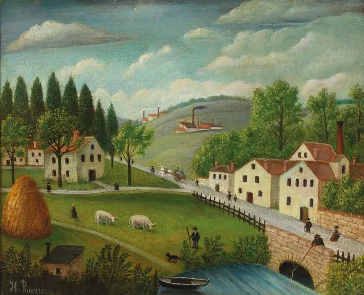 Pastoral Landscape With Stream Fisherman And Strollers (1875–1880), Paintings, Henri Rousseau