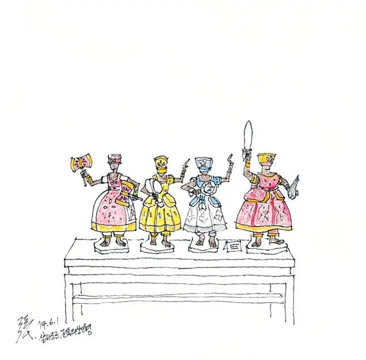 Pink And Yellow Figurines On Table, Wall Art, Line Art