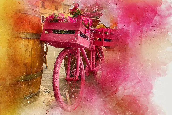 Pink Bicycle With Flowers, Wall Art, Decor Wall Art, Decor Wall Art E
