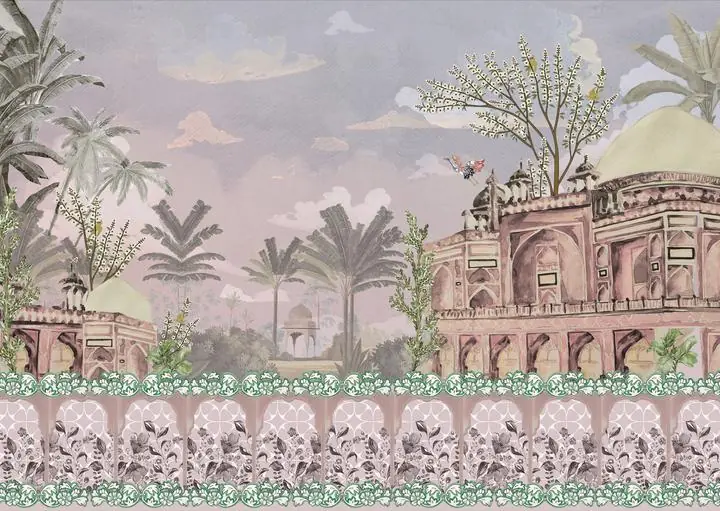 Pink Building With Domes, Indian Art, Pichwai, Pichwai Landscape