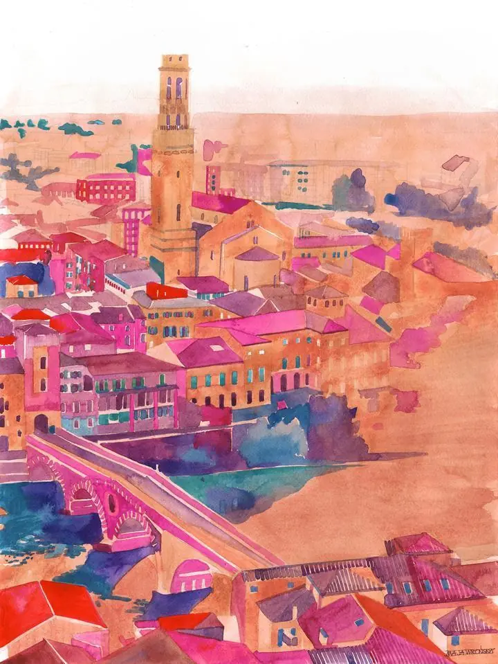 Pink City Buildings Landscape, Wall Art, Water Color Art, Water Color Art A