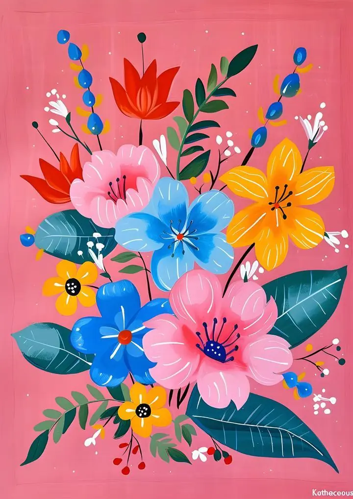 Pink Colorful Flower Arrangement, Aesthetic Art, Pop Art