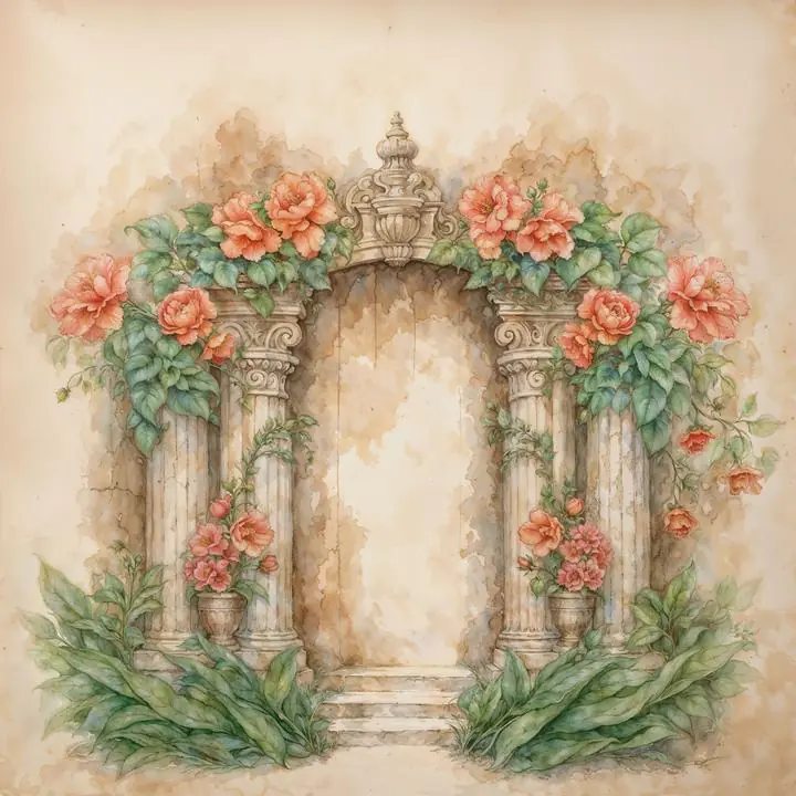 Pink Flowers Stone Archway, Indian Art, Pichwai, Pichwai Square
