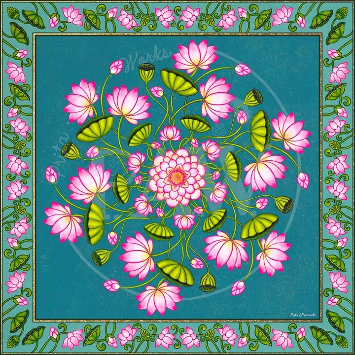 Pink Lotus Flower Pattern 2, Indian Art, Pichwai, Pichwai Square