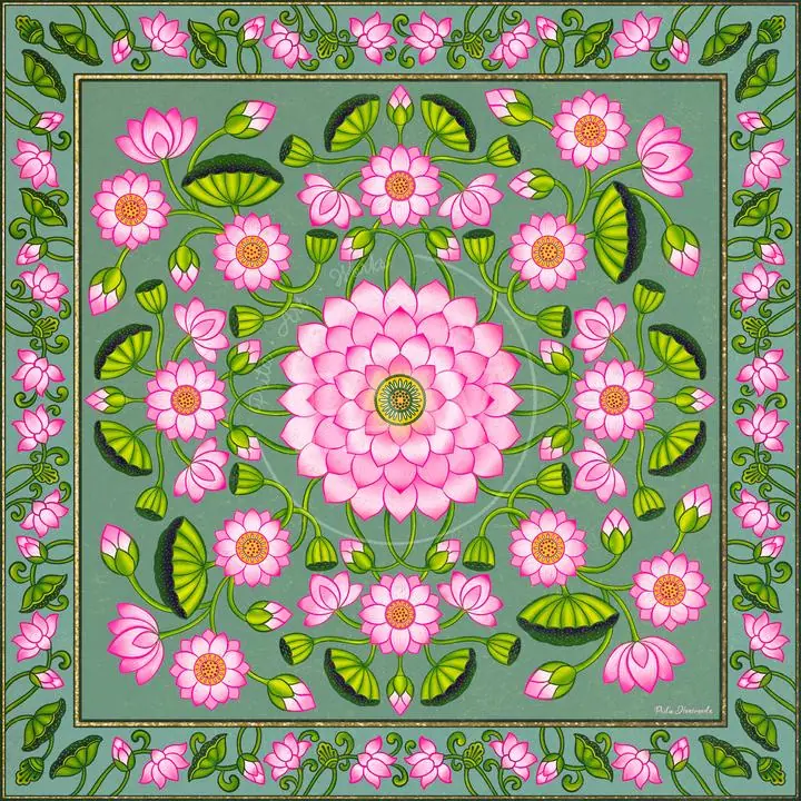 Pink Lotus Flower Pattern, Indian Art, Pichwai, Pichwai Square