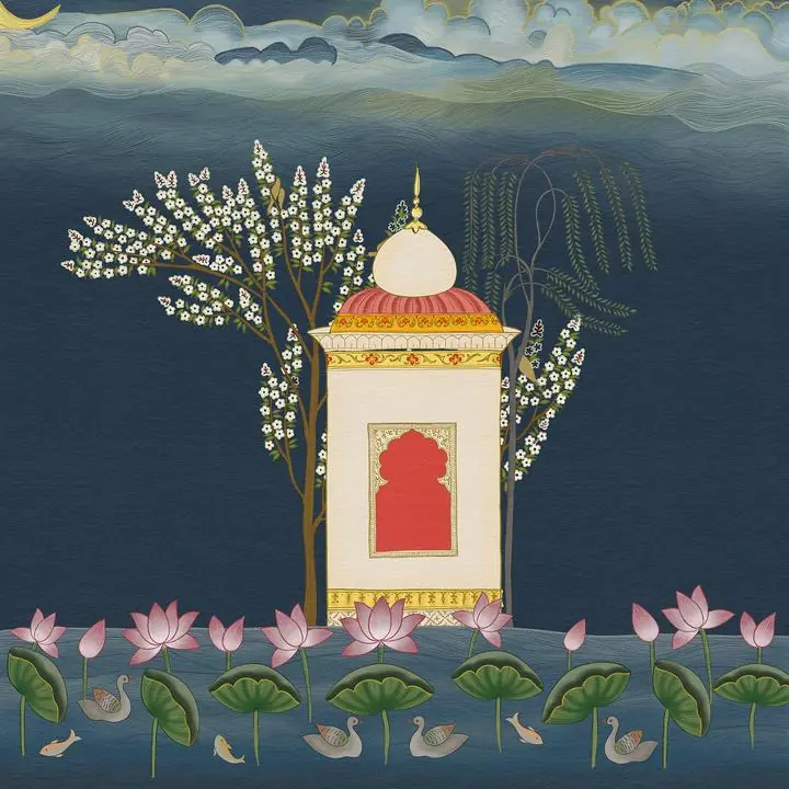 Pink Lotus Flower Pavilion, Indian Art, Pichwai, Pichwai Square