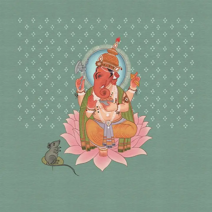 Pink Lotus Hindu Ganesha, Indian Art, Pichwai, Pichwai Square