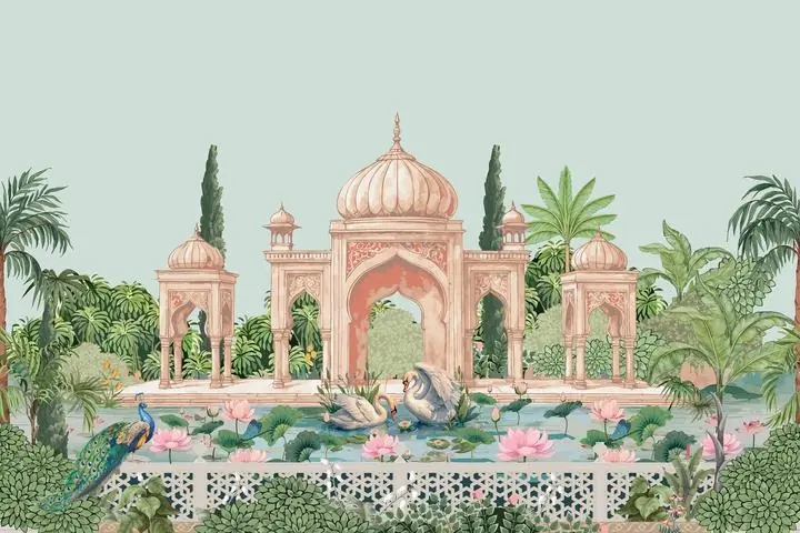 Pink Palace Pond, Indian Art, Pichwai, Pichwai Landscape