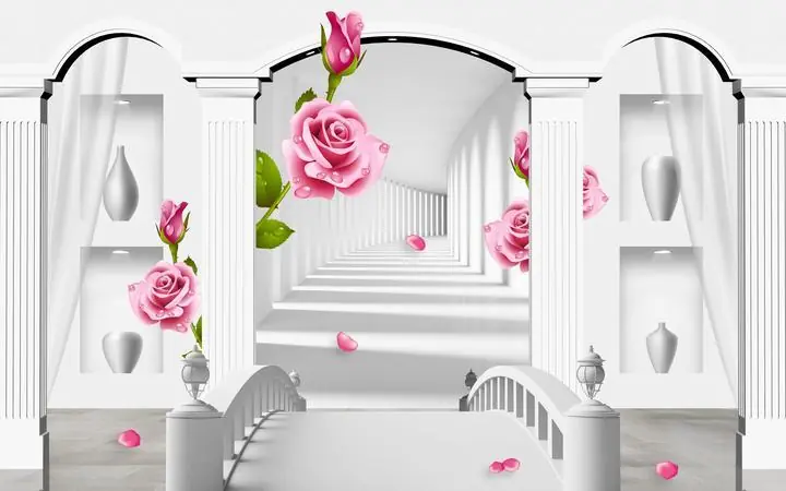 Pink Rose White Vase Gray Bridge, Wallpaper, Old 3D