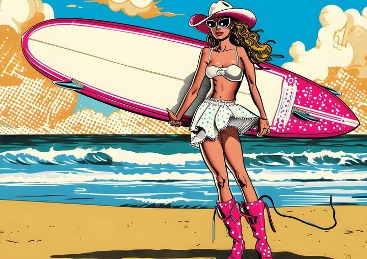 Pink Surfboard Woman, Aesthetic Art, Pop Art