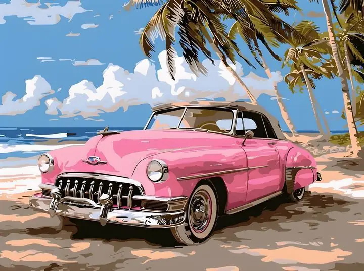 Pink Vintage Car, Aesthetic Art, Pop Art
