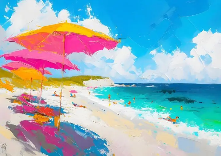 Pink Yellow Beach Umbrellas, Aesthetic Art, Pop Art