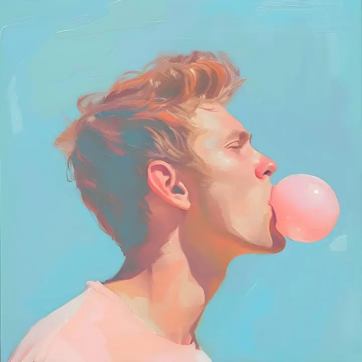 Pink Young Man Blowing Bubble, Aesthetic Art, Pop Art