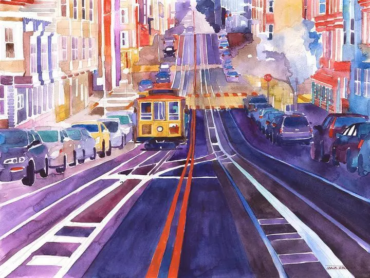 Purple Street With Cars, Wall Art, Water Color Art, Water Color Art A