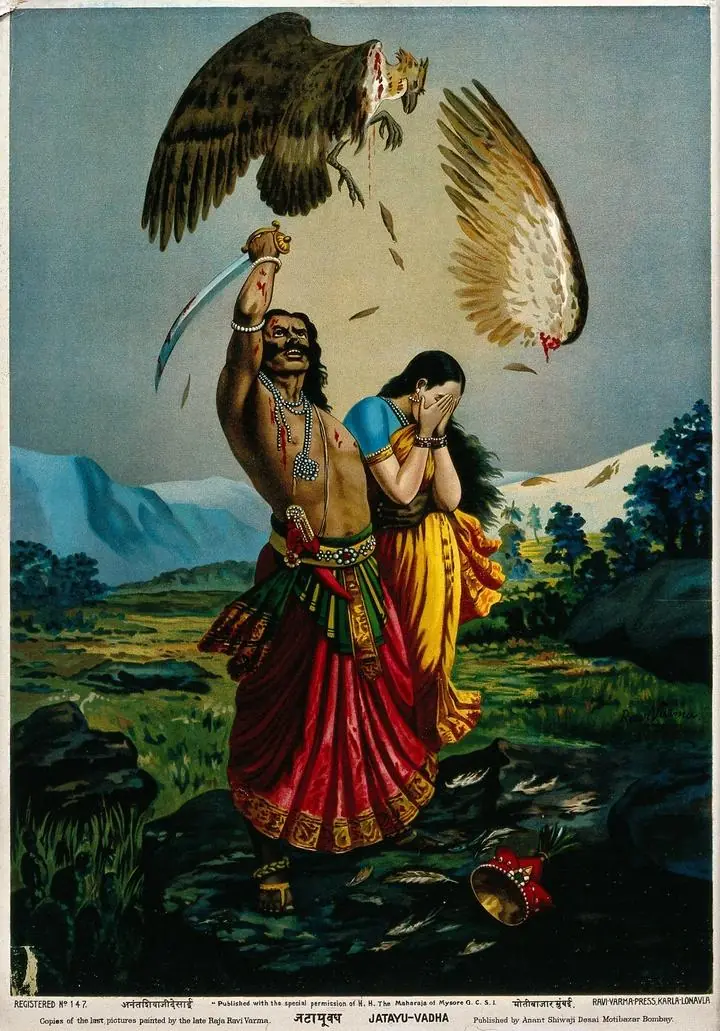 Ravana Slaughtering Jatayu The Vulture, While An Abducted Si Wellcome, Paintings, Raja Ravi Verma