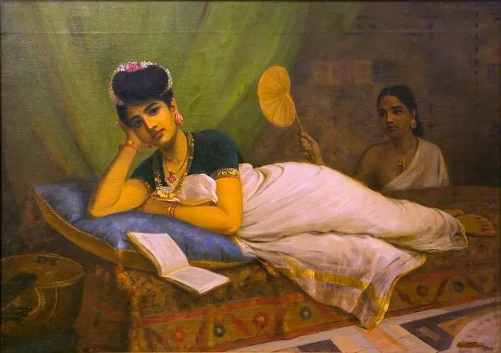 Reclining Woman, Paintings, Raja Ravi Verma