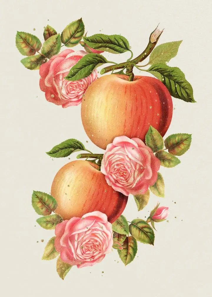 Red Apples And Pink Roses, Aesthetic Art, Fruits