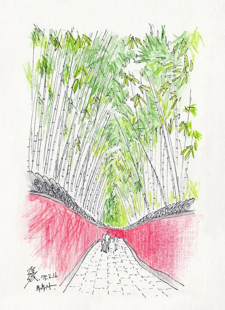 Red Bamboo Forest Path, Wall Art, Line Art