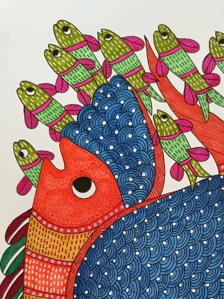 Red Blue Bird With Fish, Indian Art, Gond Art