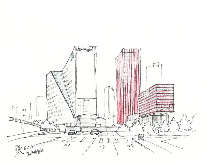 Red Building Cityscape, Wall Art, Line Art