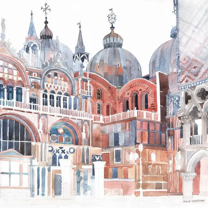 Red Building Domes, Wall Art, Water Color Art, Water Color Art A