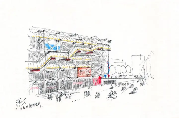 Red Building Exterior, Wall Art, Line Art