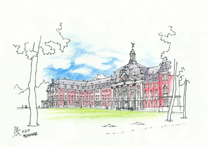 Red Building Landscape Drawing, Wall Art, Line Art