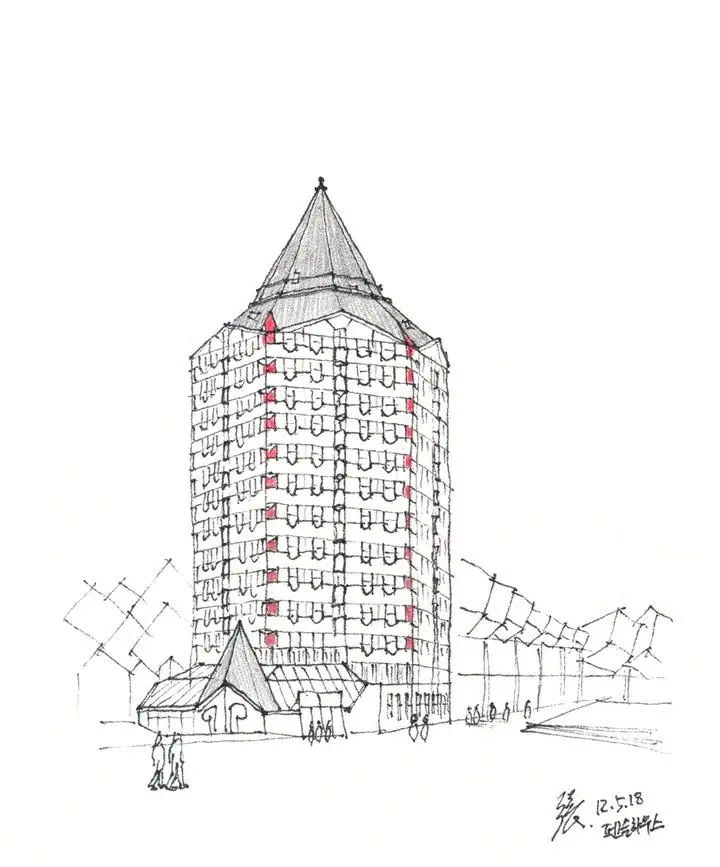Red Building Sketch, Wall Art, Line Art