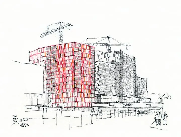 Red Building Under Construction, Wall Art, Line Art