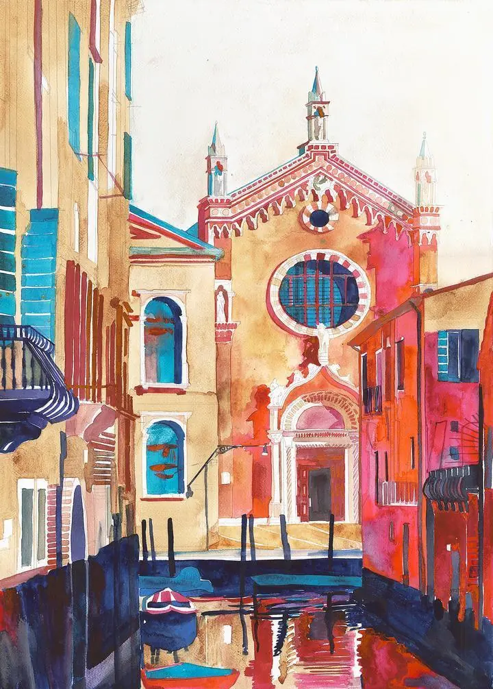 Red Buildings Canal, Wall Art, Water Color Art, Water Color Art A